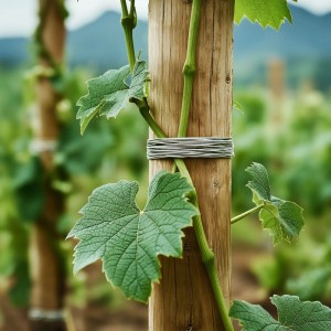 Gartendraht fixiert eine Pflanze an einem Holzpfosten. Bindedraht für den Garten.