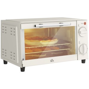 HOMCOM Minibackofen in Cremeweiß mit Pizza und Gebäck im Innenraum.