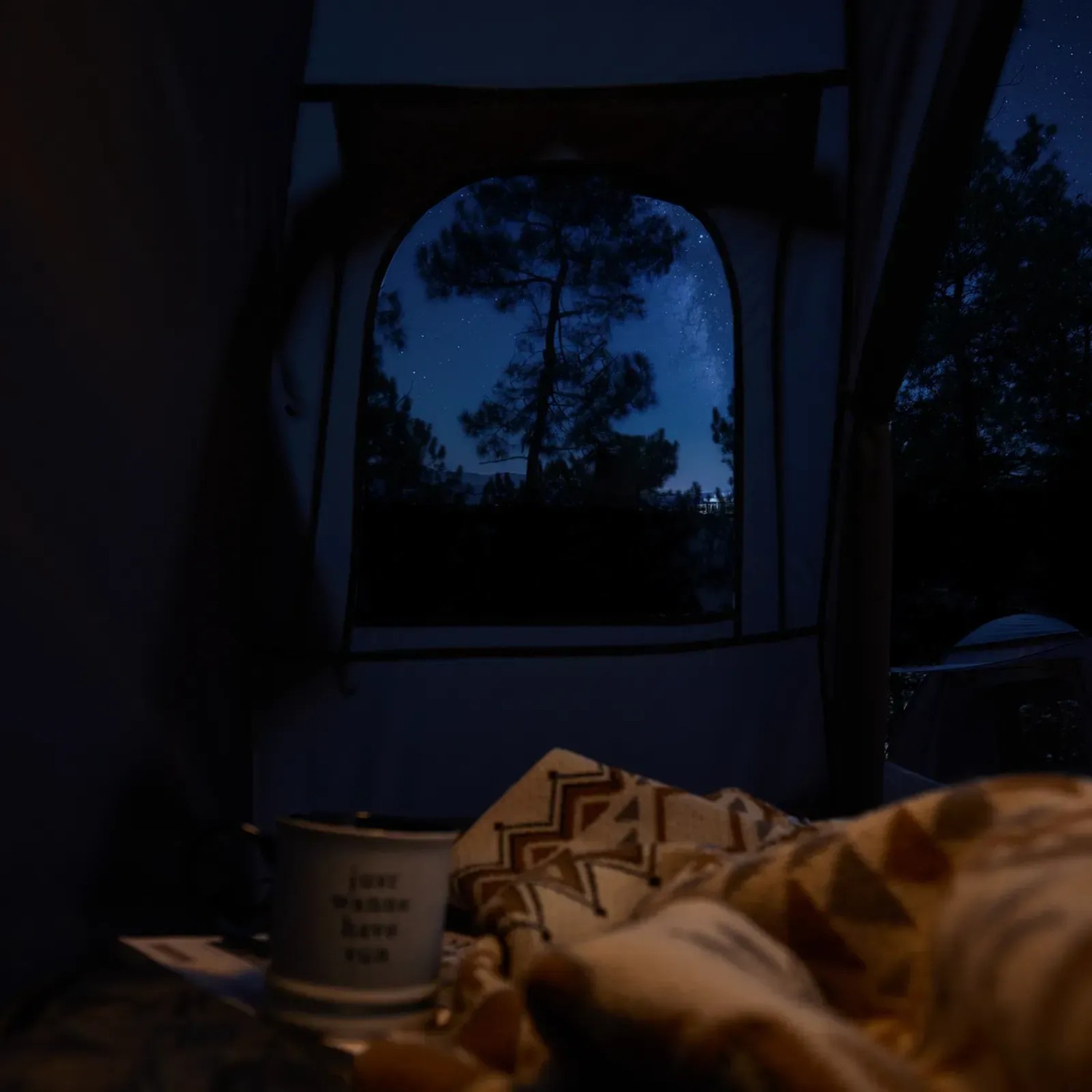 Innenansicht: SoBuy 3in1 Campingzelt mit Blick auf Sternenhimmel. Outdoor Zelt für 1 Person.