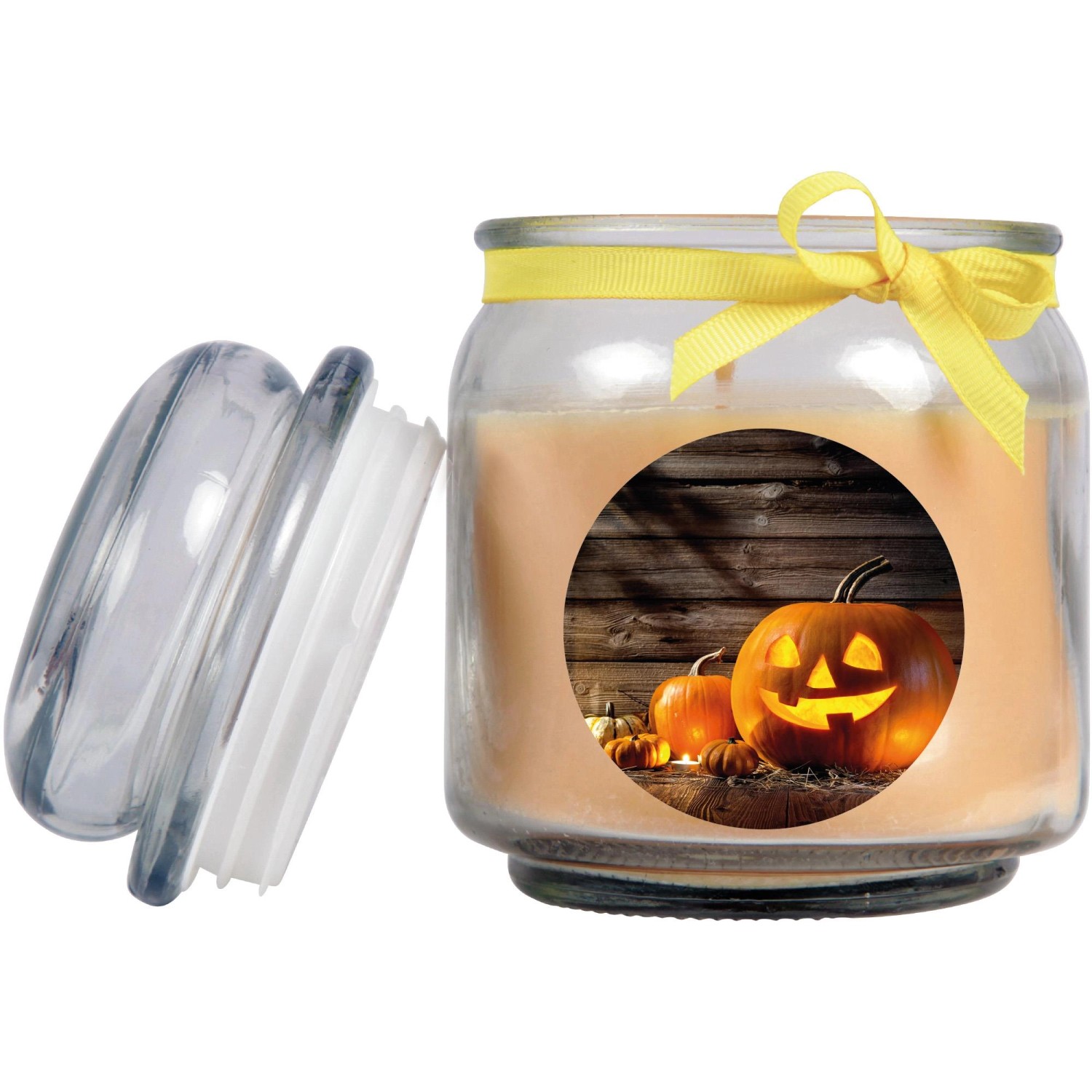 HS Candle Duftkerze Halloween Creme Bonbon im Glas mit Kürbis-Motiv und gelber Schleife.