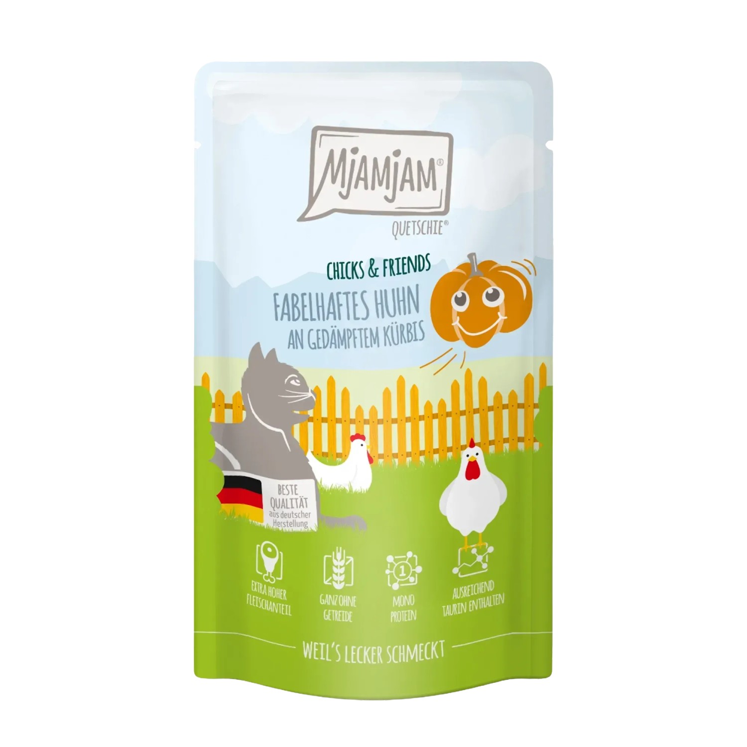 Mjamjam Katzen-Nassfutter Quetschie Chicks & Friends Huhn & Kürbis 125 g