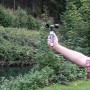 Hand hält PCE Instruments Anemometer A420 Windmessgerät mit Schalenkreuz vor grüner Natur.