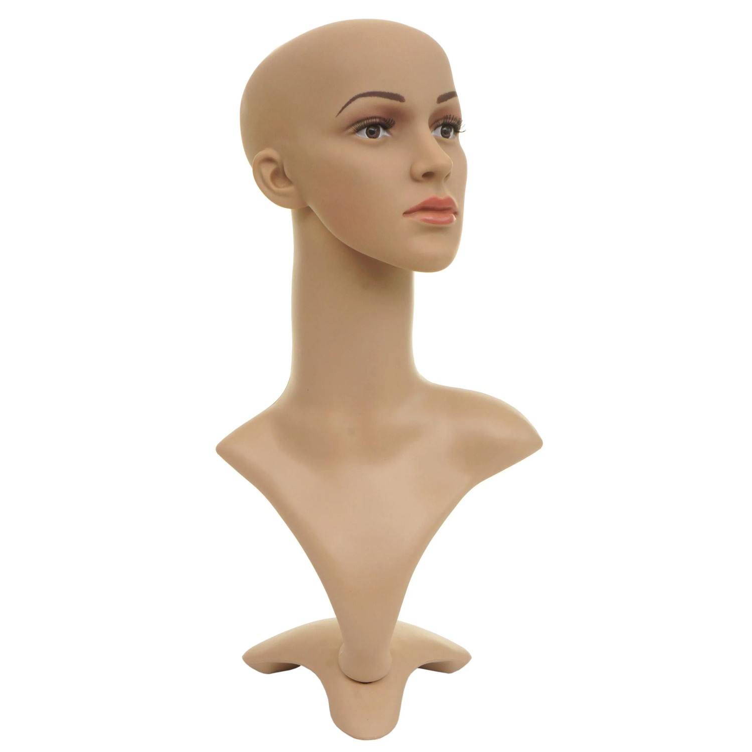 MCW Mannequin-Kopf G70, hautfarben, mit geschminktem Gesicht und langem Hals auf Standfuß. Ideal für Perücken.