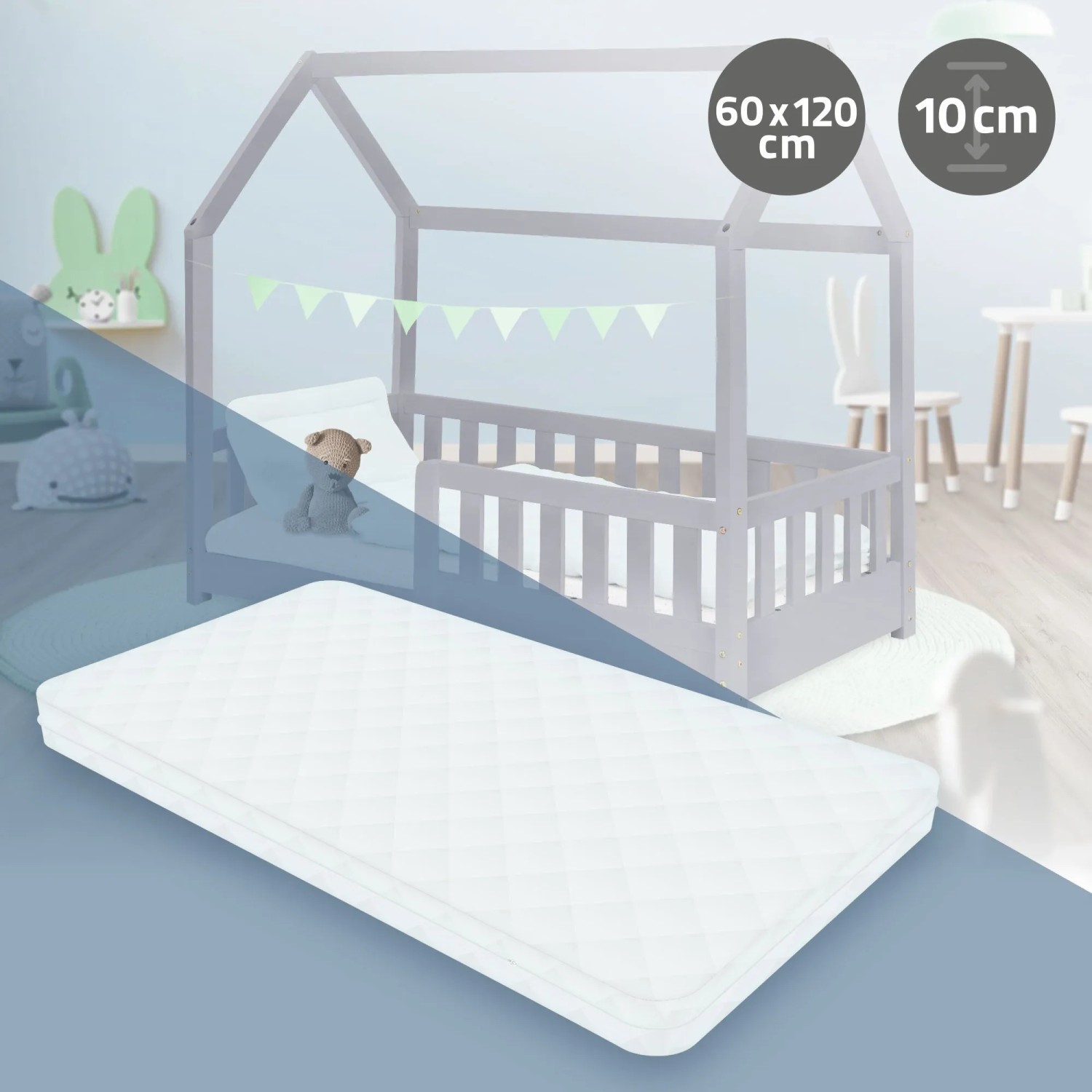 ML-Design Kindermatratze, 60x120x10 cm, schadstoffgeprüft, für Baby und Junior. Weiße Matratze vor Kinderbett.