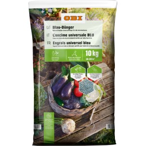 OBI Blaudünger 10 kg: Universaldünger für Gartenkulturen im Sack mit Gemüseabbildung.