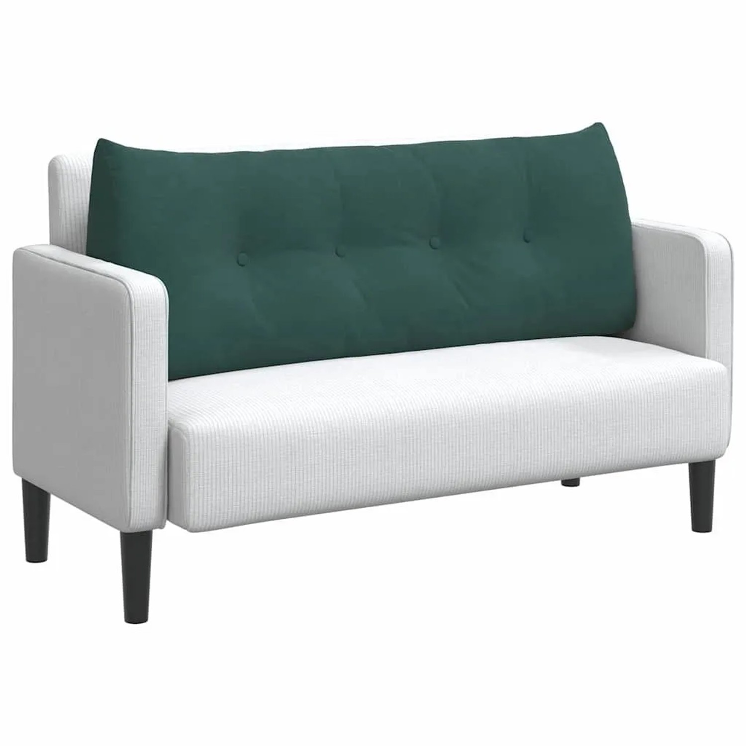 Dunkelgrünes Samt-Rückenkissen mit Knopfheftung, 120x24x50 cm, auf weißem Sofa.