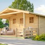Unbehandeltes Weka Holz-Gartenhaus mit Satteldach und überdachter Terrasse. Ideal als Gerätehaus oder Gartenpavillon.