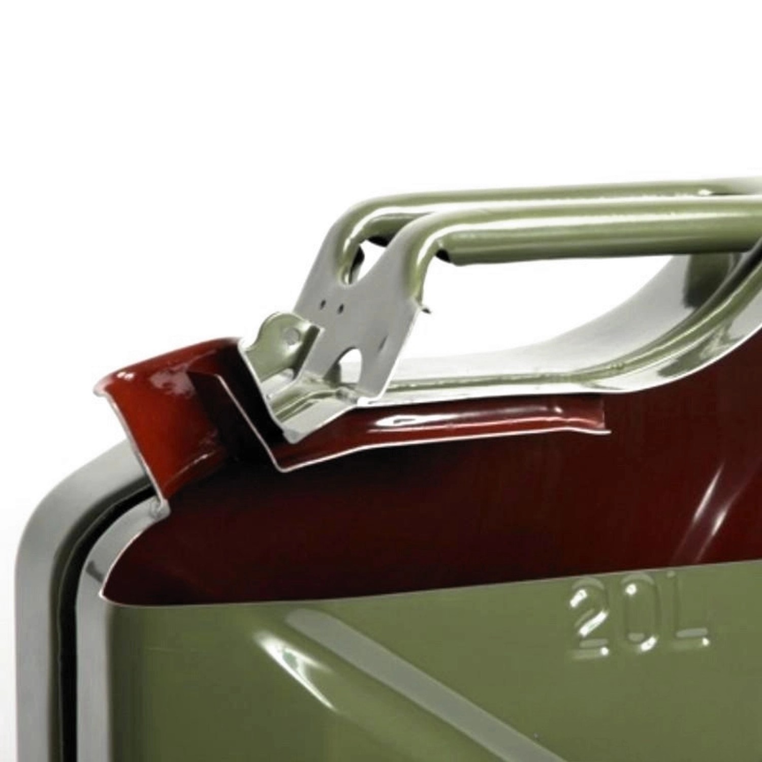 Detailaufnahme: Schwarzer 20L Metall Kraftstoffkanister mit Ausgießer. Pannenhilfe für Auto & Motorrad.