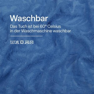 Detailaufnahme: Waschbares, blaues Microfaser Geschirrtuch mit Pflegehinweisen.
