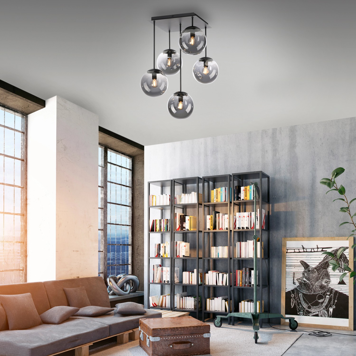 Schwarze Just Light Deckenleuchte Big Widow mit 5 Rauchglas-Lampenschirmen, 39 cm.