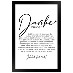 Gerahmtes Poster "Danke Bruder" 20x30 cm, Geschenkidee mit liebevollen Worten im schwarzen Rahmen.