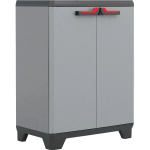 Niedriger Stilo Kunststoffschrank in Grau-Schwarz mit zwei Türen und roten Griffen.