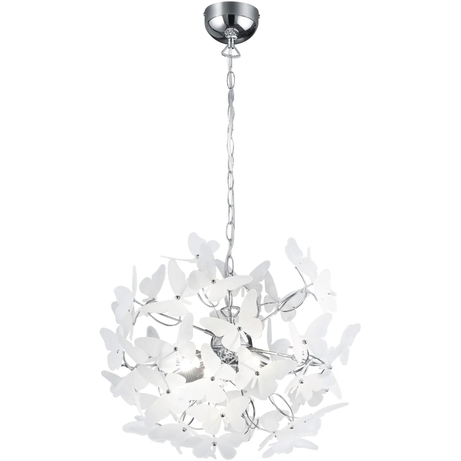 Moderne Pendelleuchte Butterfly in Chrom-Optik mit weißen Schmetterlingen, Durchmesser 50 cm.