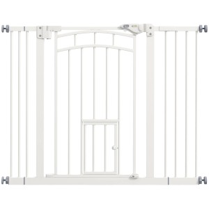 Weißes PawHut Türschutzgitter aus Stahl mit kleiner Tür für Katzen und verstellbarer Breite.