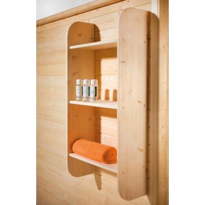 Weka Schrankregal aus Fichtenholz mit drei Fächern für Sauna-Zubehör wie Handtücher und Lotionen.