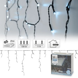 ECD Germany LED Lichtervorhang, 12m, 360 kaltweiße LEDs, Eiszapfen-Lichterkette, IP44.