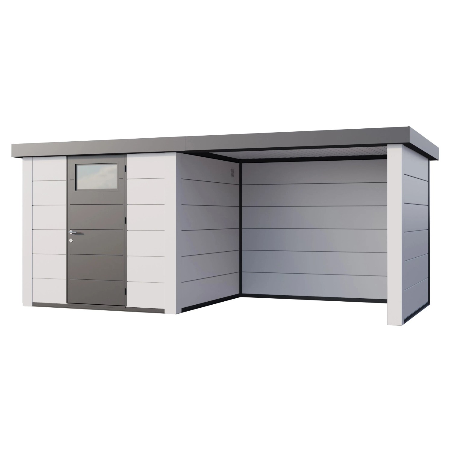 Gerätehaus Classico 2424 mit Lounge S Rechts m. Weiße Ecken 522 x 238 cm Weiß