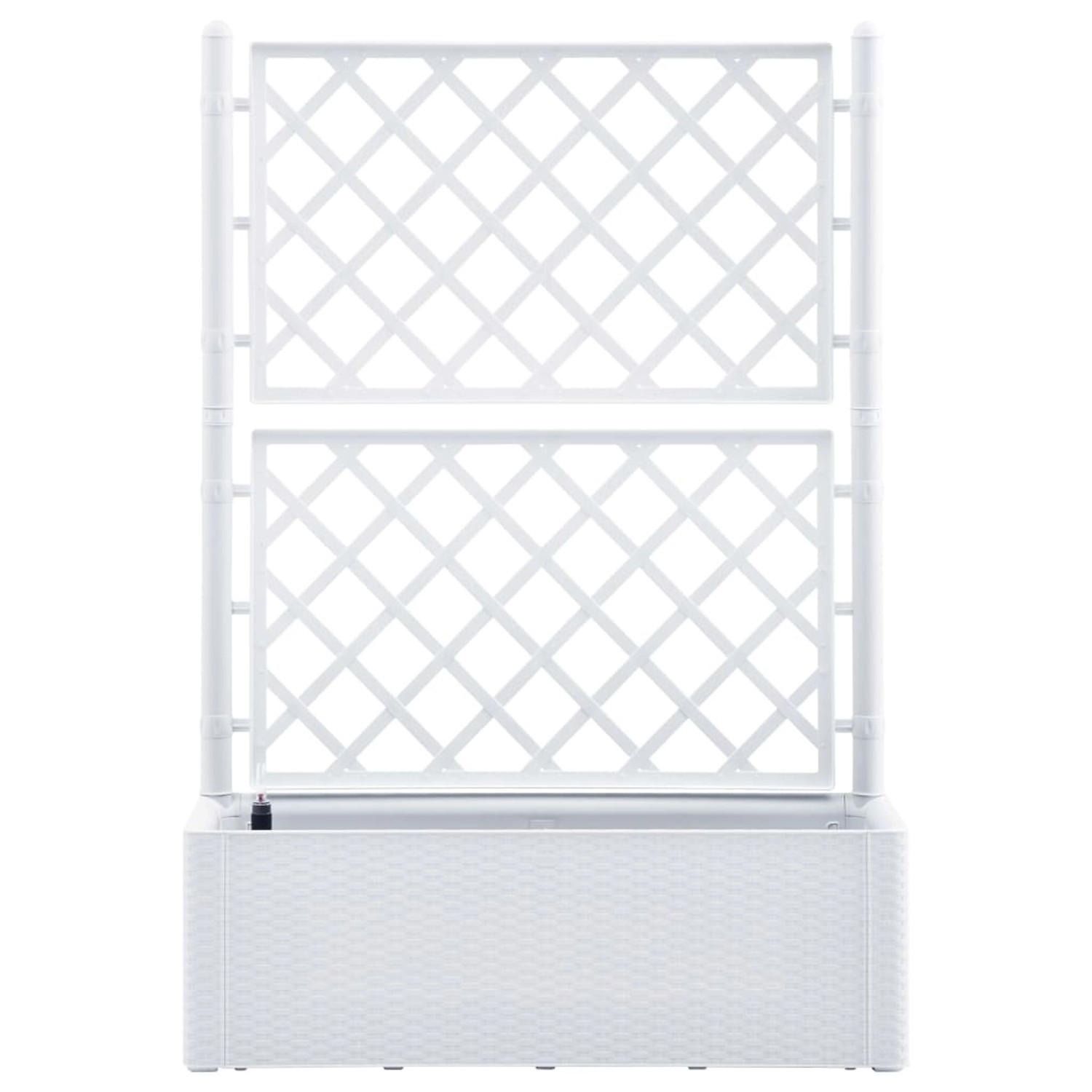 Weißes furnicato Garten-Hochbeet mit Spalier und Selbstbewässerung.