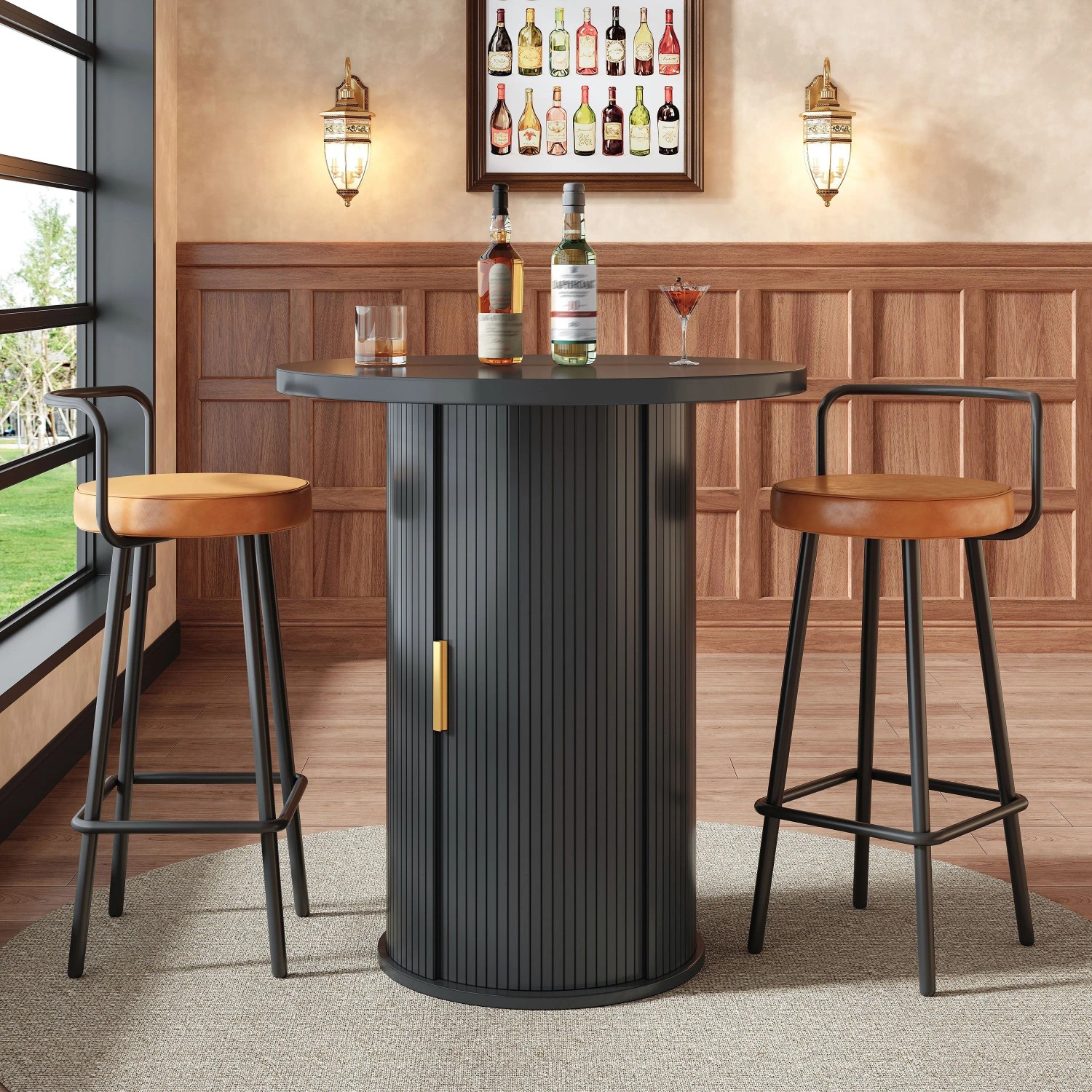Merax Bartisch Set: runder schwarzer MDF-Bartisch mit Stauraum, 2 Barhocker mit braunen Polstersitzen, Metallgestell.