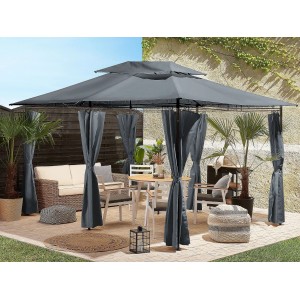 Graphitgrauer Beliani Pavillon COLOS 300x400 mit Vorhängen im Garten.