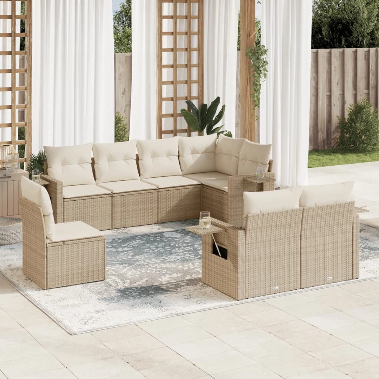 Beige 8-tlg. vidaXL Garten-Sofagarnitur aus Poly Rattan mit Kissen für Terrasse und Garten.
