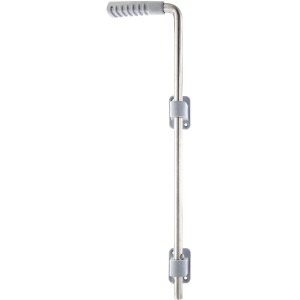 Bodenschieber aus Edelstahl, 500 mm, mit grauem Kunststoffgriff und Führungswinkeln für Holztore.