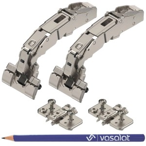 vasalat Set: Blum Clip Top Blumotion Weitwinkelscharniere 155° Inserta mit Montageplatten und Bleistift.