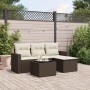 Braune 5-tlg. vidaXL Garten-Sofagarnitur aus Poly Rattan mit cremefarbenen Kissen und Tisch.