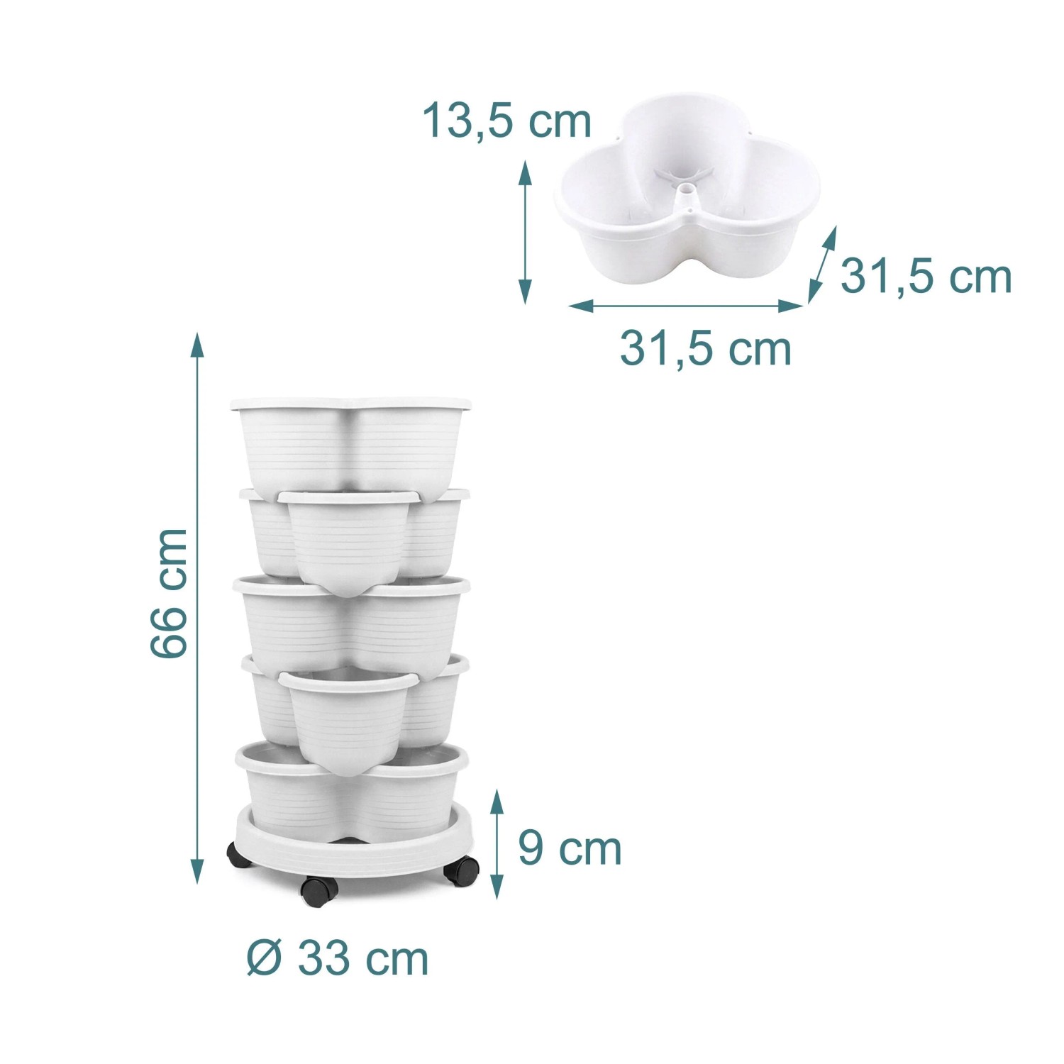 Relaxdays Pflanzturm Kunststoff Weiß mit 5 Etagen Stapelbar Rollbar UV-Beständig 66 cm x 33 cm 1,8 kg_4
