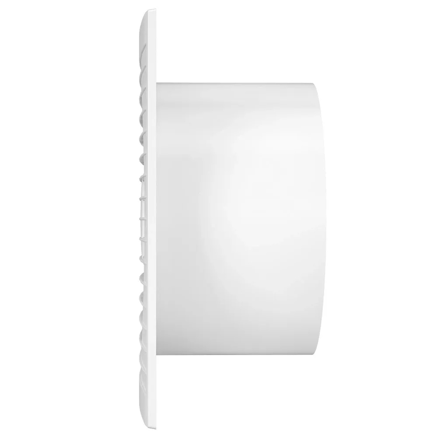 Weißer VLANO Badlüfter E 150 S im ultraflachen Design, Seitenansicht.