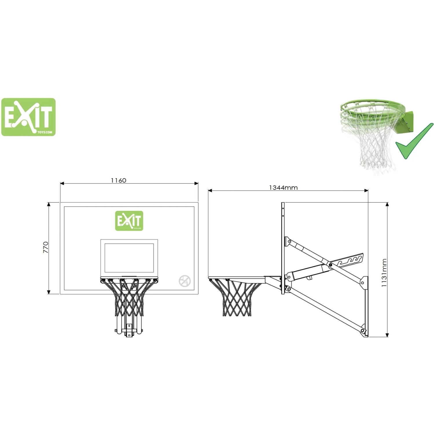 Technische Zeichnung: EXIT Galaxy Basketballkorb zur Wandmontage mit Dunkring, Maße und Details.