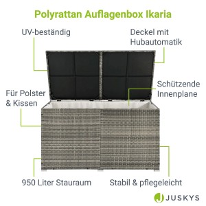 Grau melierte Polyrattan Auflagenbox Ikaria mit Innenplane, ideal zur Aufbewahrung von Gartenartikeln.