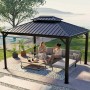 Sojag Pavillon Messina 10x12 Anthrazit mit Stahldach und Moskitonetz. Gartenmöbel unter dem Pavillon.