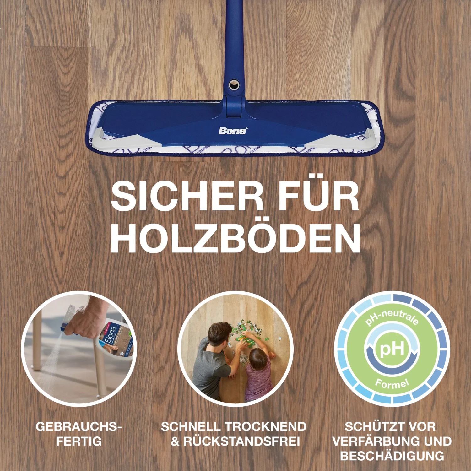 Bona Parkettreiniger Spray 1 l mit Wischer für streifenfreie Reinigung und Pflege von Holzböden.