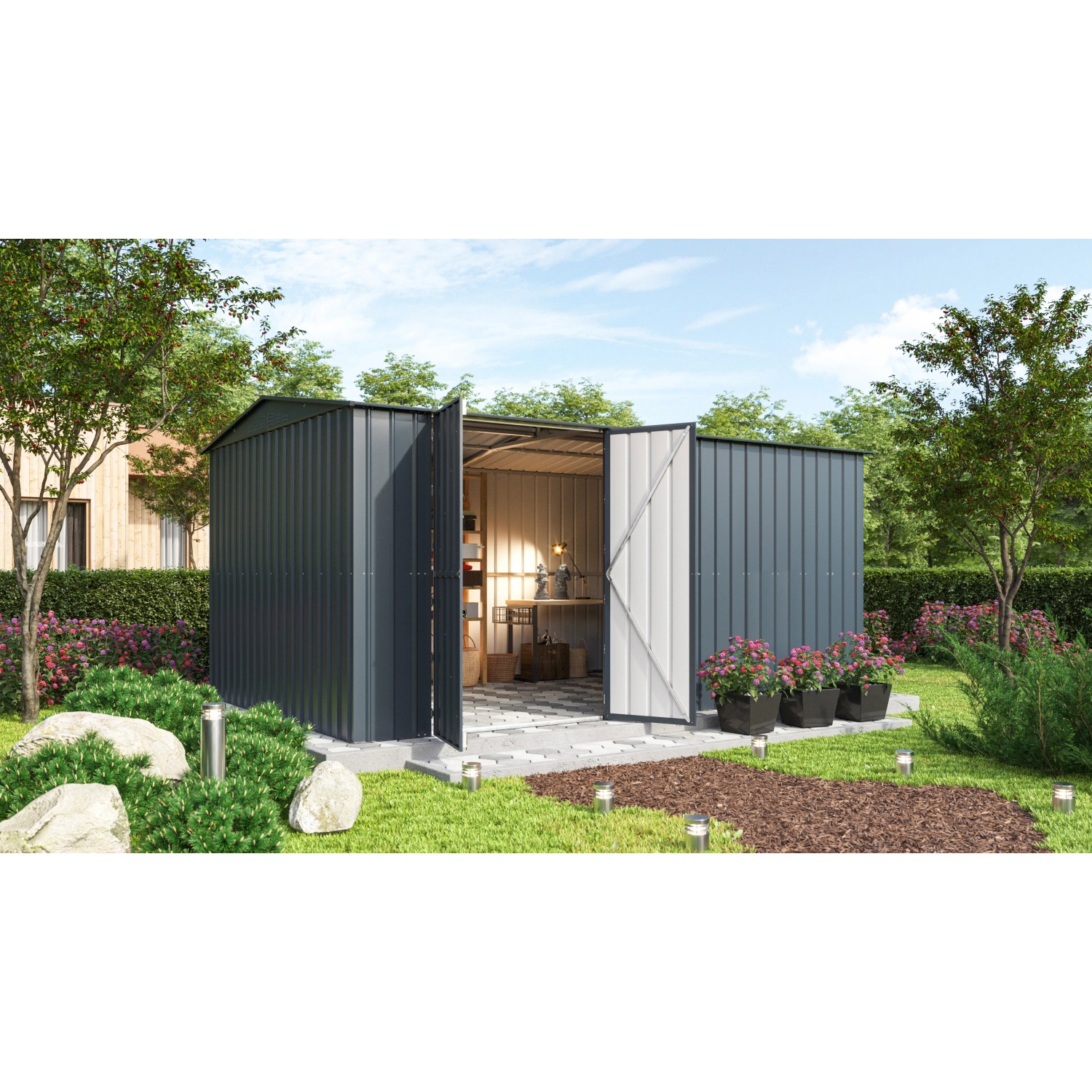 Globel Gerätehaus Worker 1510, anthrazit, mit geöffneten Türen im Garten.