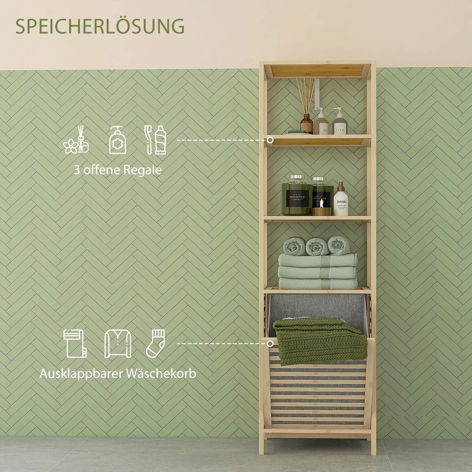 HOMCOM Badregal aus Bambus mit 3 Ebenen, Wäschekorb und Kippschutz, 44x33x160cm.