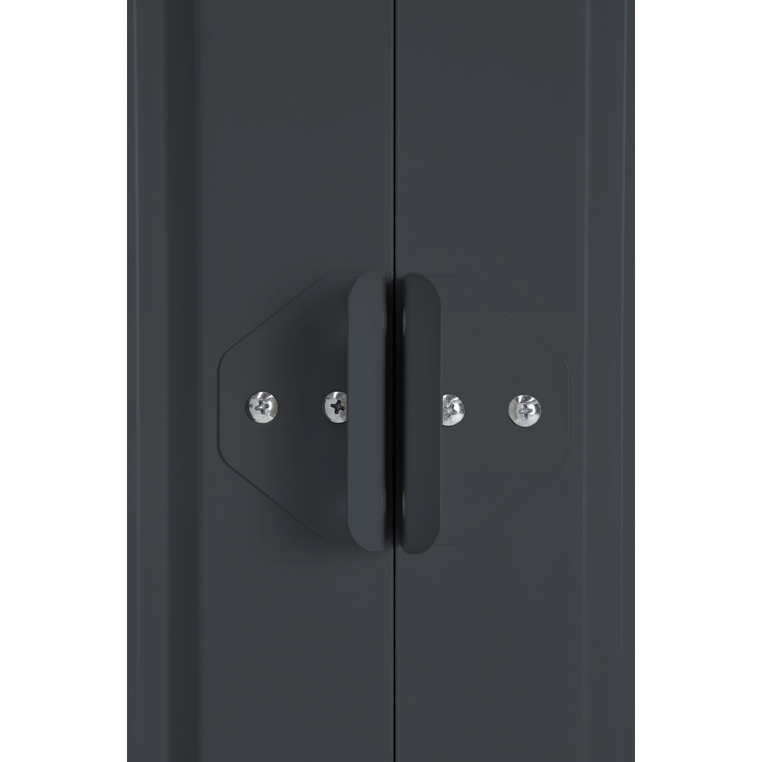 Detailaufnahme: Anthrazitfarbenes Metall-Gerätehaus Skillion 64 von Globel, Türgriffe und Schrauben im Fokus.