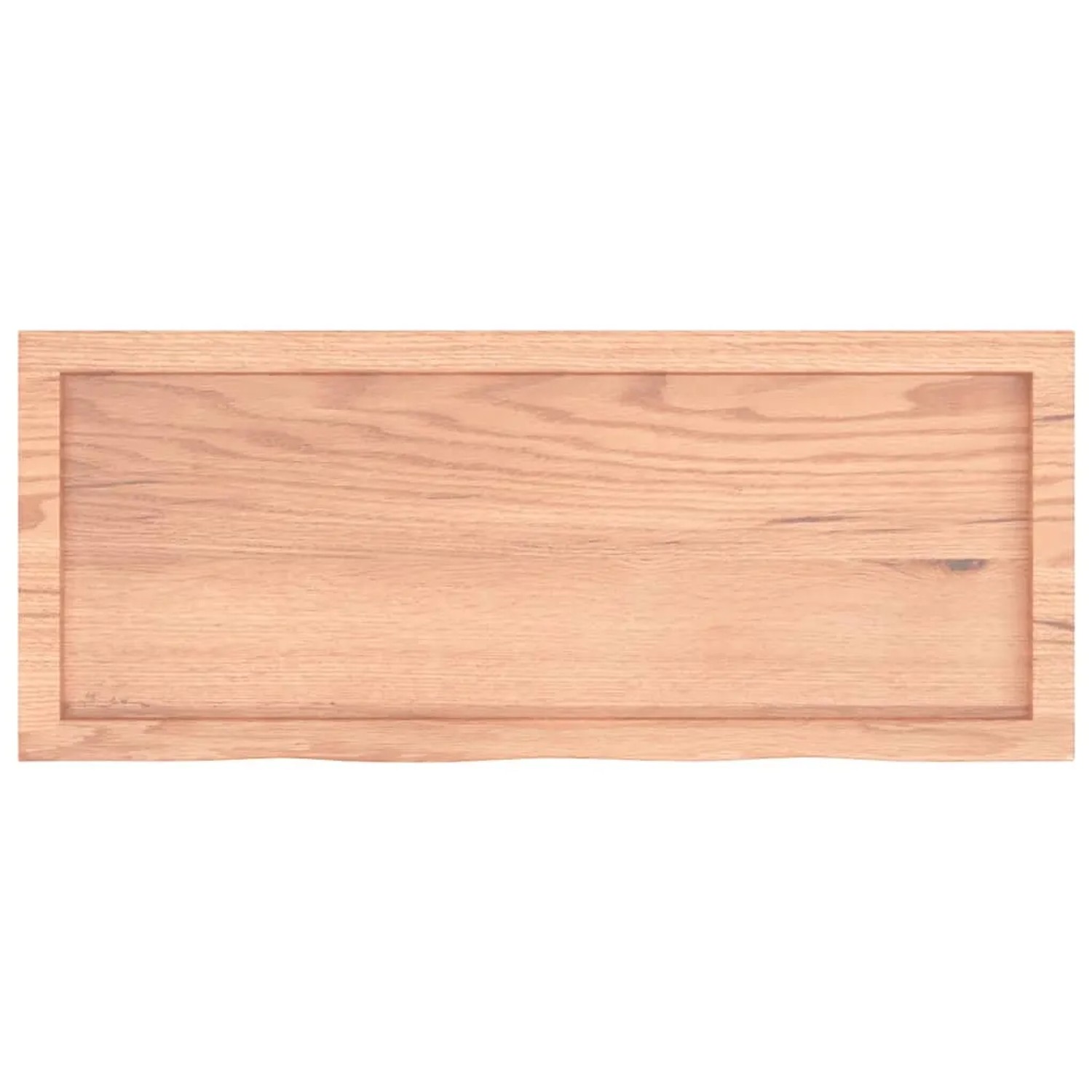 Helle, rechteckige Waschtischplatte aus behandeltem Massivholz (Eiche) mit Naturkante.