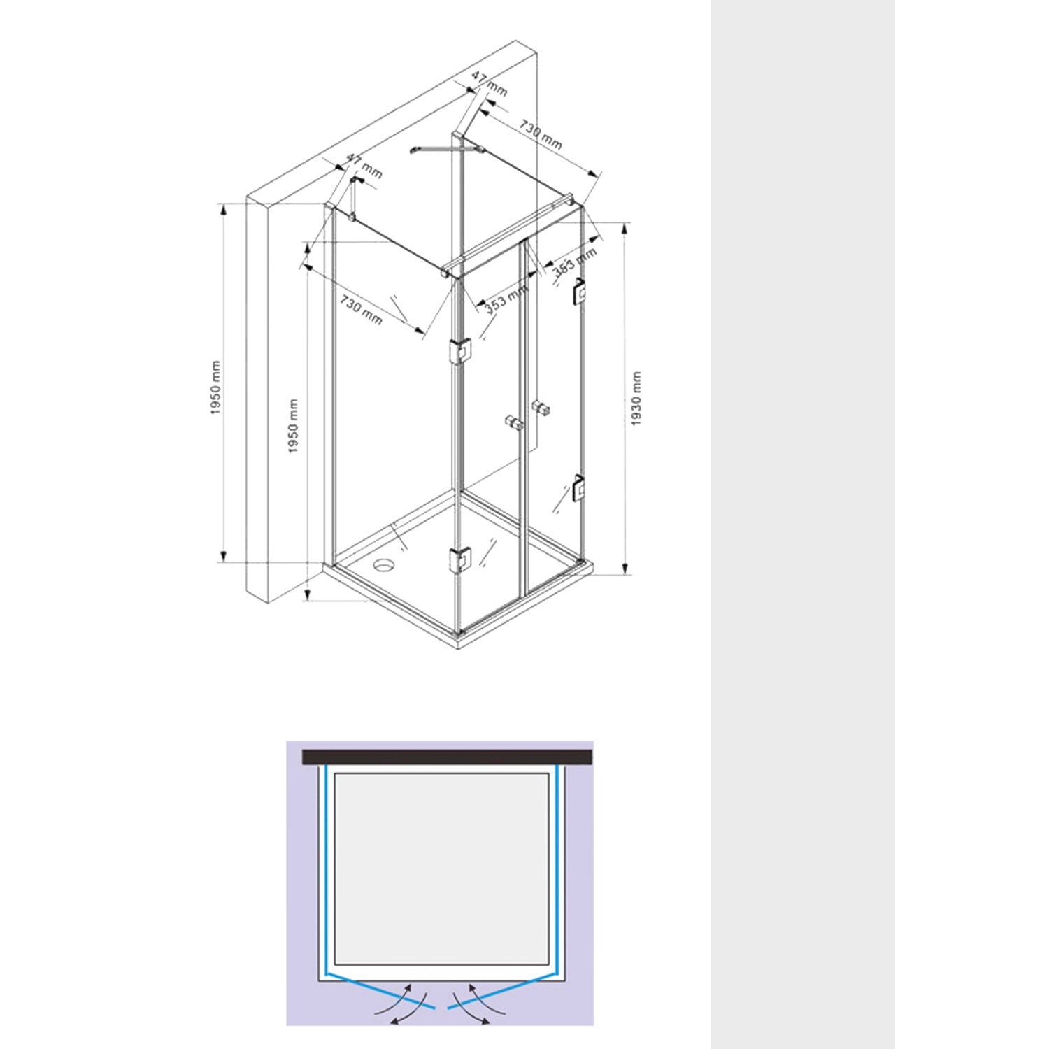 Technische Zeichnung einer schwarzen U-Duschkabine Glaszentrum Hagen 80x80x80x195cm Ares inkl. Duschtasse.