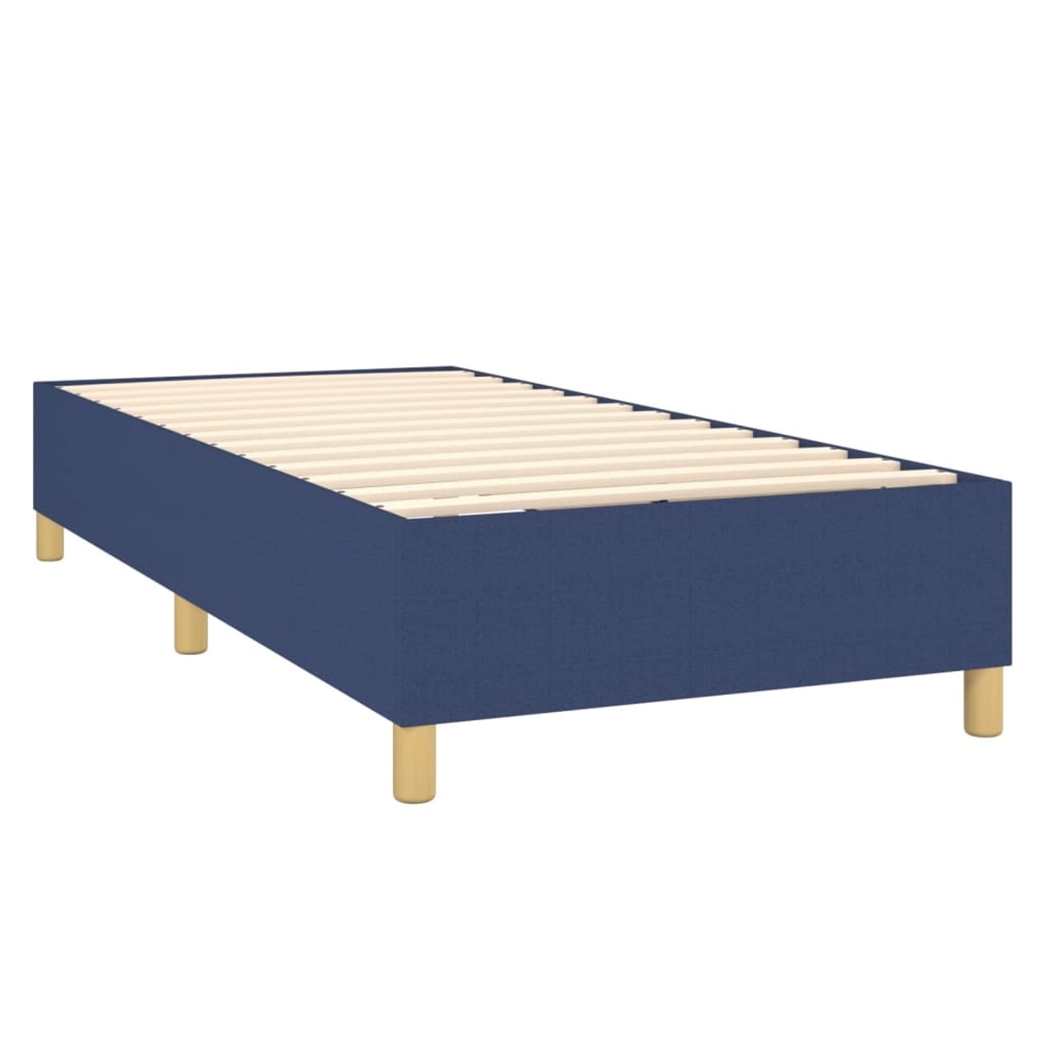 Blaues Boxspringbett 90x200 cm mit Matratze und Holzlattenrost.