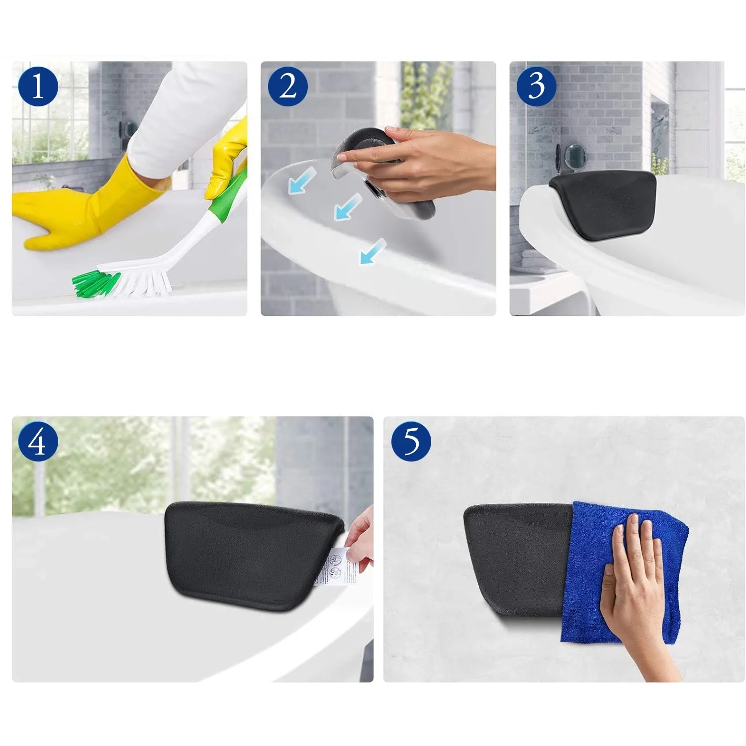 Montage und Pflege der schwarzen KODI Kopfstütze für BONA Rechteck-Badewanne. Zeigt Anbringung mit Saugnäpfen und Reinigung des Badzubehörs.
