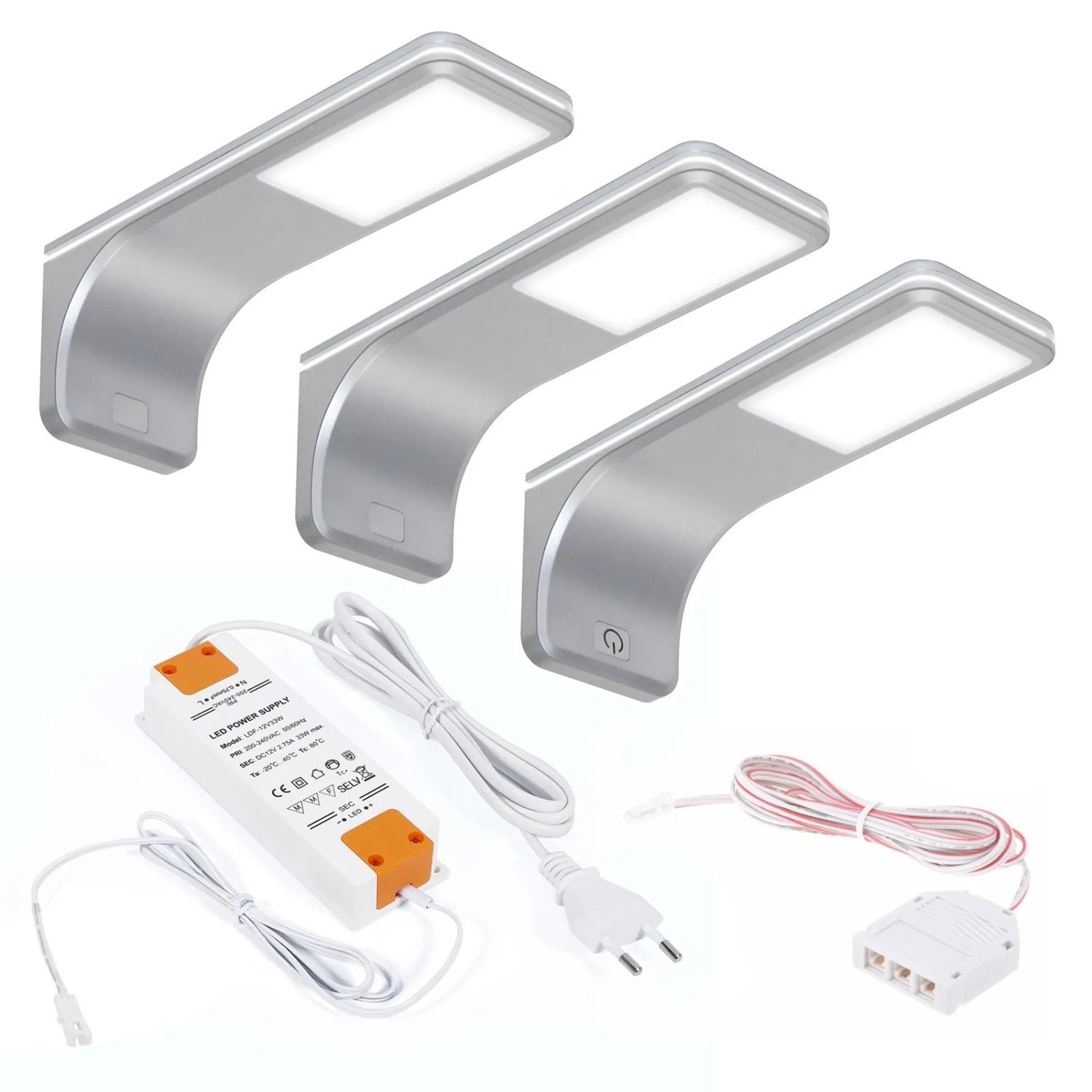 SOTECH 3er SET JUNKER Lighting LED Unterbauleuchten VIOLA 4000K Neutralweiß 12V 3,5W 160 x 55 x 60,5 mm inkl. Trafo und Touch Dimmer