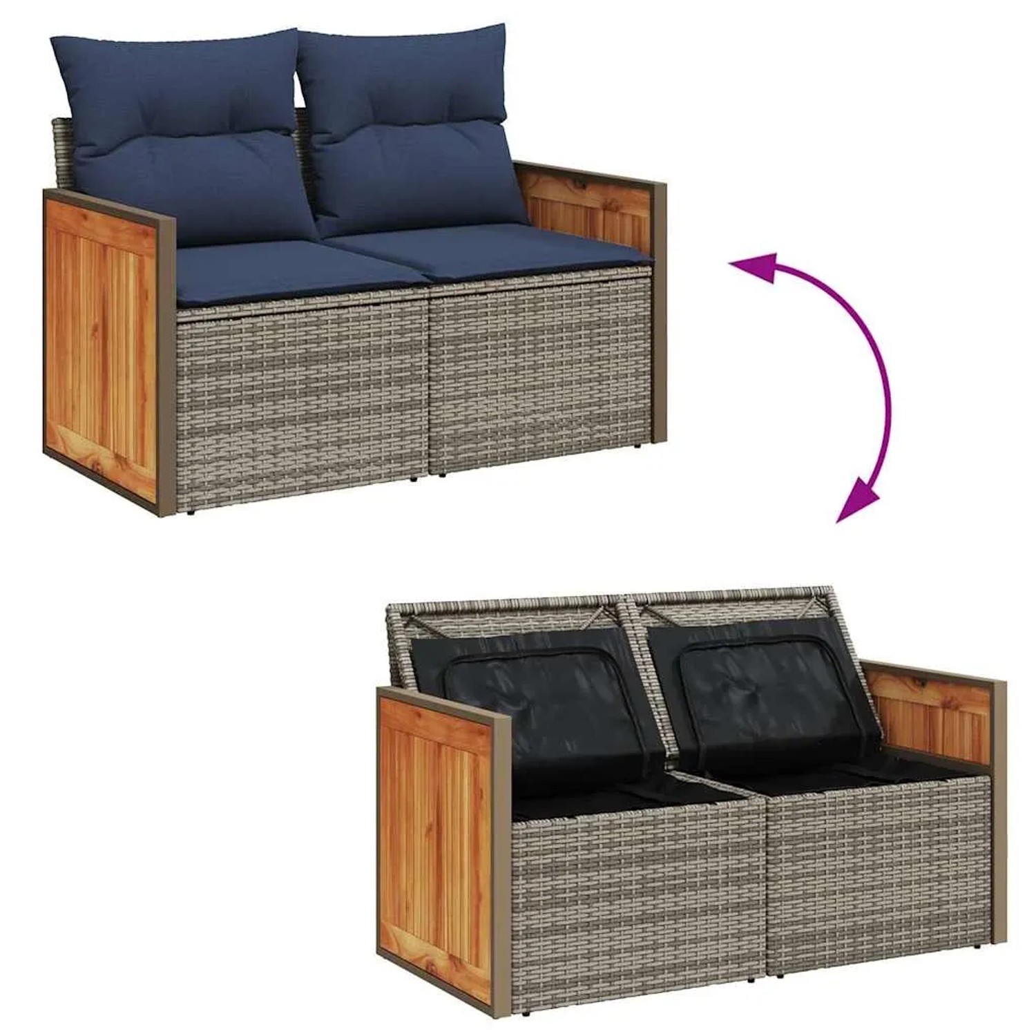 Graue 6-tlg. Garten-Sofagarnitur aus Polyrattan mit Akazienholz und blauen Kissen, mit und ohne Stauraumfunktion.