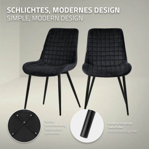 Zwei schwarze ML-Design Esszimmerstühle aus Samt mit gesteppter Rückenlehne und schwarzen Stahlbeinen. Modernes Design mit Bodenschonern.