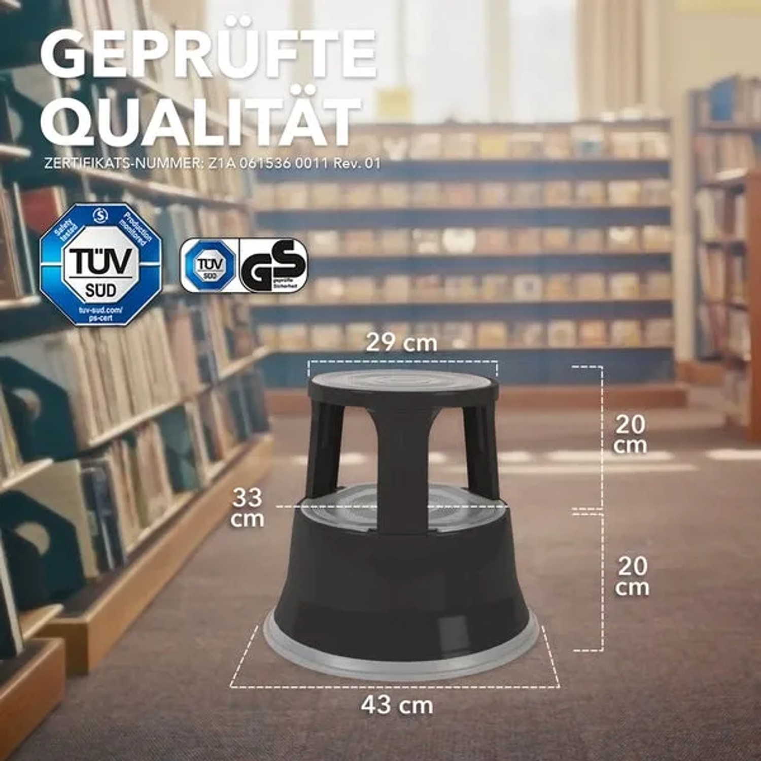 Schwarzer KARAT Rollhocker Elefantenfuß aus Stahl, ideal für Büro und Gewerbe, mit TÜV-Prüfsiegel.