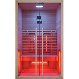 Sanotechnik Infrarotkabine Ruby 2 für 2 Personen aus Hemlock-Holz mit Vollspektrumstrahlern und Farblicht.