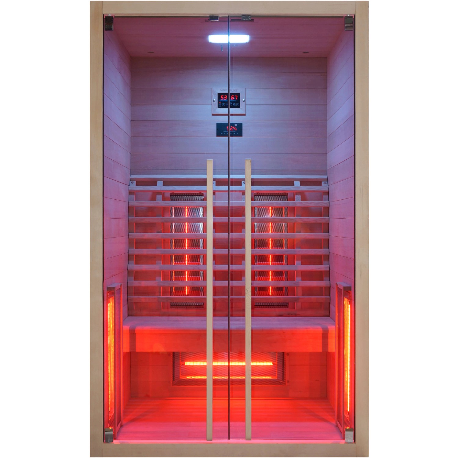 Sanotechnik Infrarotkabine Ruby 2 für 2 Personen aus Hemlock-Holz mit Vollspektrumstrahlern und Farblicht.