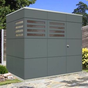 Modernes Skan Holz Gartenhaus Brisbane 2 in Schiefergrau mit CrossCube Optik und Tür.