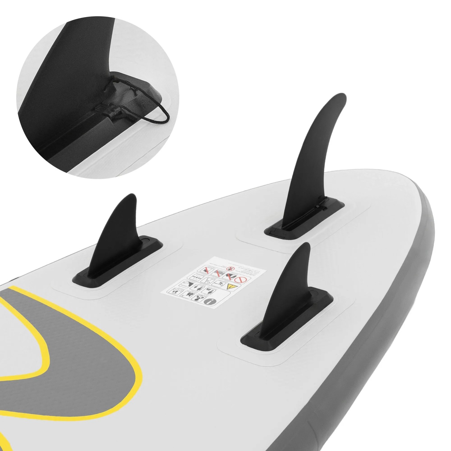 Detailansicht des grauen ECD Germany Stand Up Paddle Boards Maona mit drei Finnen.