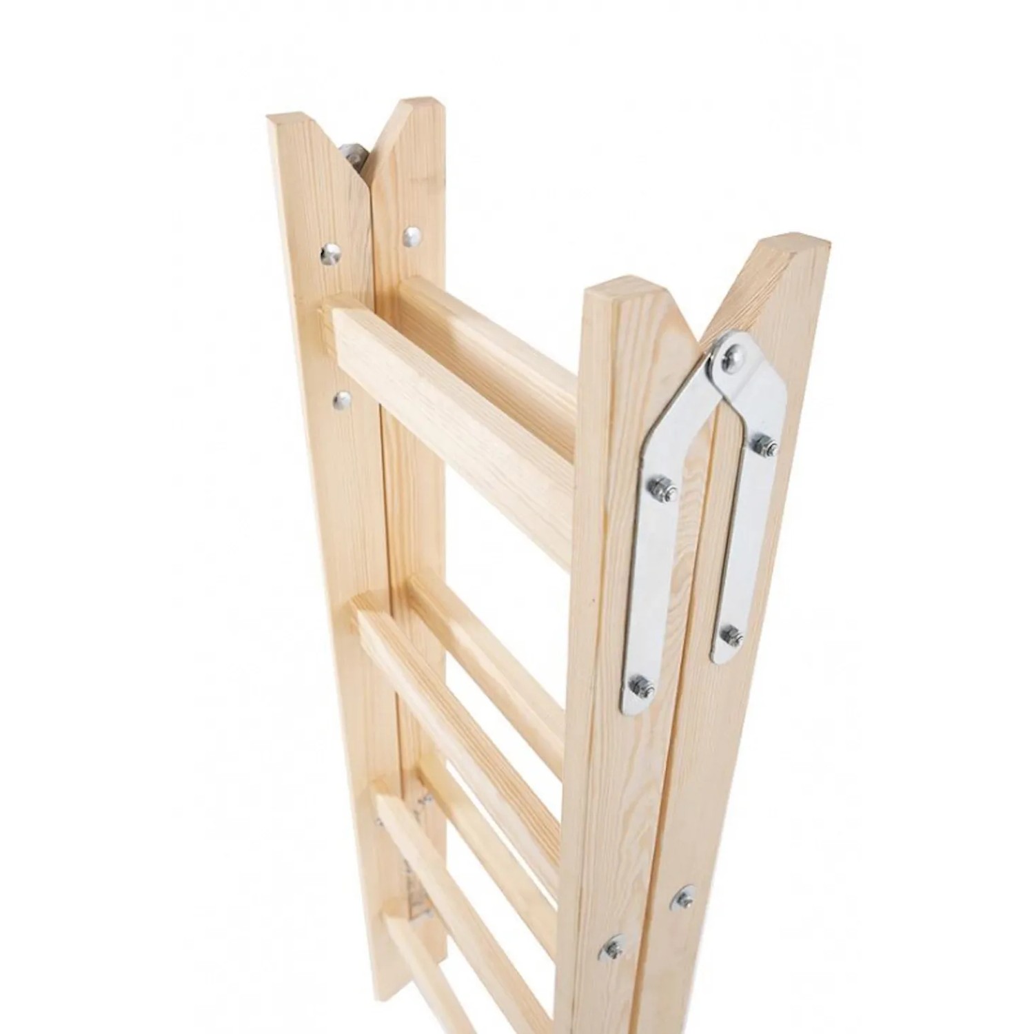 Zusammengeklappte Holz-Sprossen-Stehleiter von PROREGAL, hellbraunes Kiefernholz mit Metallbeschlägen.